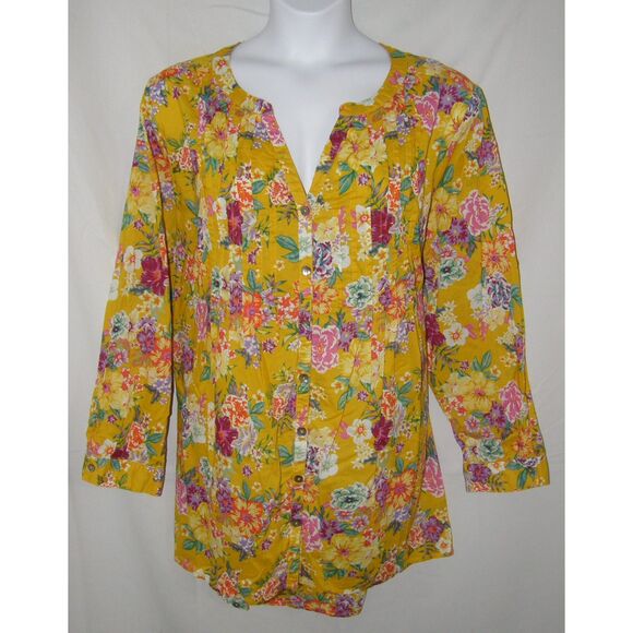 Golden Yellow Floral Plus Sz 28 Cotton Pintucked Button Up Tunic Shirt ROAMAN'S - Picture 1 of 8